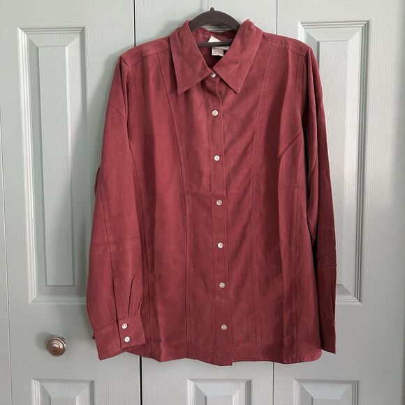 Soft Surroundings Red Tencel Long Sleeve Collared Button-Up Shirt Womens Medium - Picture 1 of 8